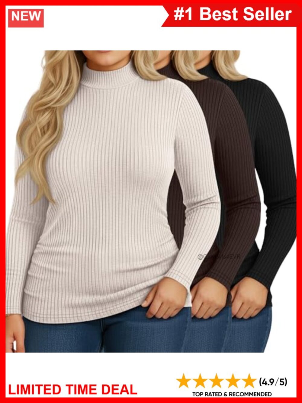 Riyiper Plus Size Turtleneck Top Ribbed Base Layer 3 Pack